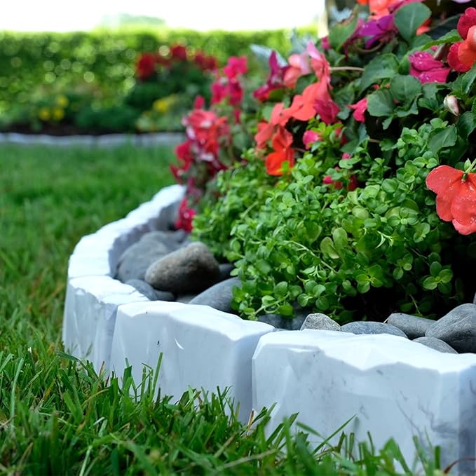 EasyFlex No-Dig Landscape Edging with Anchoring Spikes, 2.7 in. Tall Decorative Stone-Look Garden Border, 60 Foot Kit, Light Gray