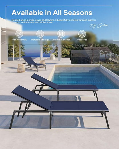 Patio Chaise Lounge Chair Set of 4, Foldable Lounge Chair for Outside, Aluminum Chairs with 5 Adjustable Backrest, Outdoor Pool Lounger for Poolside, Lawn, Deck, Navy Blue
