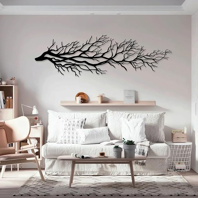 Metal Tree Branch Wall Art, Nature Sculpture, Dry Ivy Home Decor Sign, Large Housewarming Gift (9"x30"|23x76cm, White)