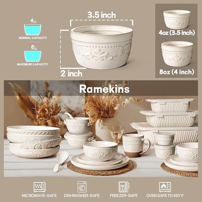 Artena Ramekins Oven Safe, Creme Brulee Ramekins, Embossed White Ceramic Ramiken, Souffle Pudding Custard Cups, Baking Dish, Dipping Bowls, Sauce Cups, Set Of 4 (4 oz, Multiple Patterns)