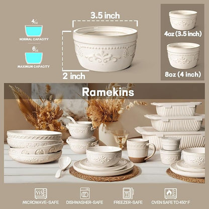 Artena Ramekins Oven Safe, Creme Brulee Ramekins, Embossed White Ceramic Ramiken, Souffle Pudding Custard Cups, Baking Dish, Dipping Bowls, Sauce Cups, Set Of 4 (4 oz, Multiple Patterns)