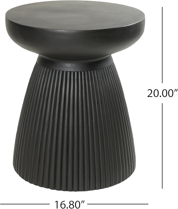Christopher Knight Home Round Side Table, Outdoor Concrete End Table, Vertical Texture Accent Table, Decorative Side Table, Stylish End Table for Patio Balcony Beach Pool Side, Matte Black