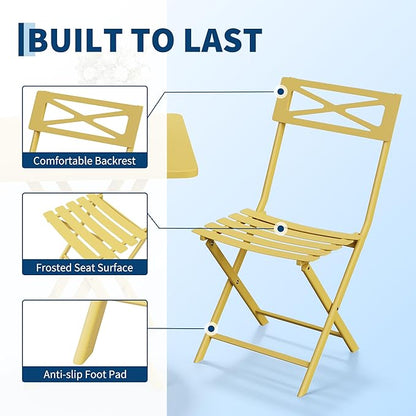 Outdoor Square Bistro Set 3 Piece, Yellow Iron Tube Patio Furniture Set with Square Table & 2 Chairs, Foldable Steel Backyard Deck Porch Garden , Space Saving Outdoor Dining Set for Small Spaces