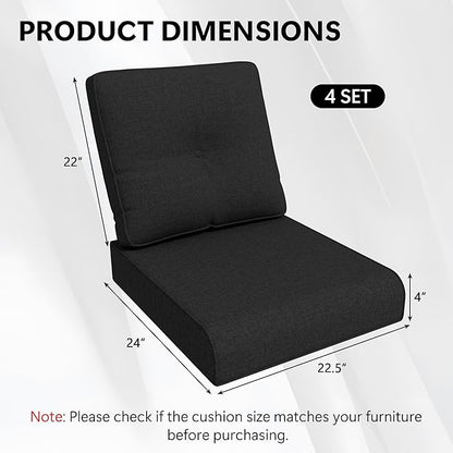 Outdoor Chair Cushions Set for Patio Furniture, 22x25/22x24 Inch, Waterproof & Fade Resistant Patio Chair Cushions, Thick Patio Furniture Cushion for Chair, Sofa, and Couch (Black, 4 Set)