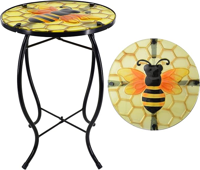 Bee Patio Side Table, Small Patio Outdoor Side Table, Plant Table,Metal Glass End Table for Porch Garden Yard Pool.