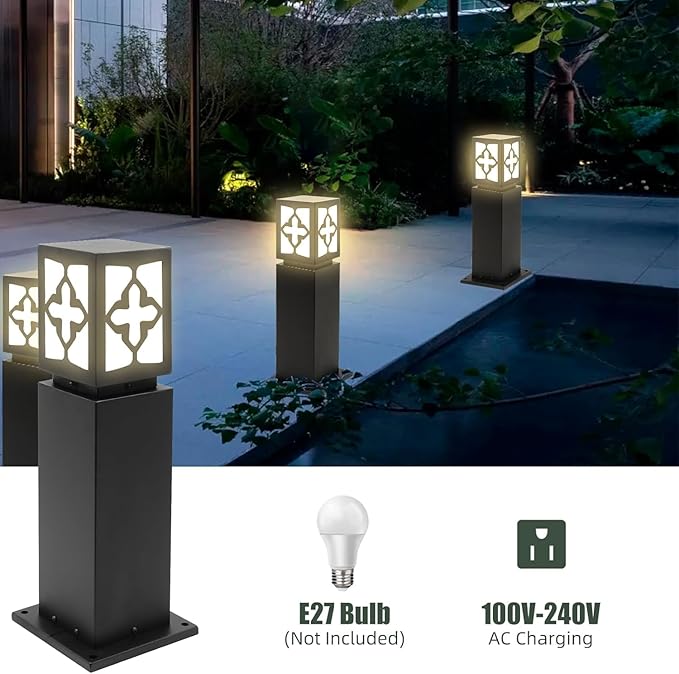 2Pack Landscape Path Lights 24" IP65 Waterproof Bollard Lights, Heavy Duty Steel Stable Widened Base E27 Lamp Holder, Modern Outdoor Path Lights Bollard for Lawn, Patio, Courtyard, Driveway, Lozenge