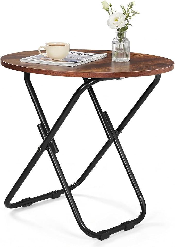 VECELO Patio Outdoor Side Table,17.7 inch Small Folding Table Round Waterproof Wood Table, Foldable Anti-Rust Metal Legs Snack Desk for Garden Balcony,Yard,Living Room