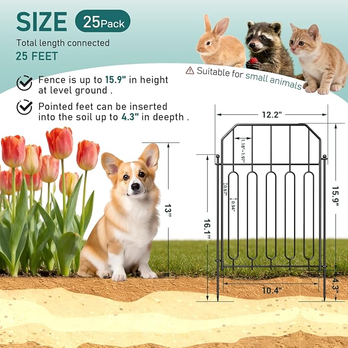 Goovilla Garden Fence, Total 25ft(L) x 21in(H) Garden Fencing Animal Barrier, 25 Pcs Rustproof Metal Wire No Dig Fence Panels, Black Decorative Garden Fences and Borders for Dogs, Flower Bed, Patio