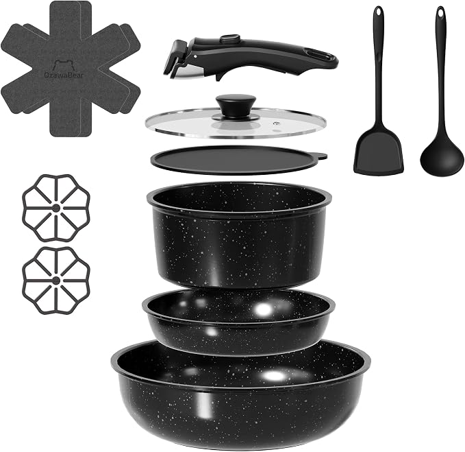 12 Pcs Pots and Pans Set Non Stick, Ceramic Cookware Set Non Toxic with Detachable Handles, Healthy Induction Cookware Oven Safe RV Kitchen Set, PFAS PFOA & PTFE Free, Black