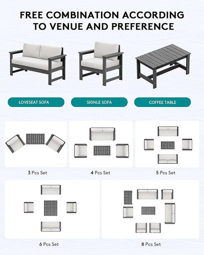 SERWALL 8 Pieces HDPE Outdoor Conversation Sofa Set with Cushions, All Weather Use Couch Loveseat Furniture Set with Pads, Outdoor Social Sofa Coffee Table Set, Grey Frame with Khaki Cushions