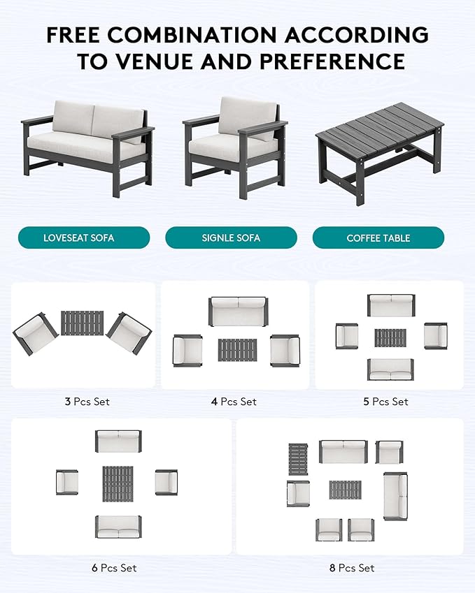 SERWALL 4 Pieces HDPE Outdoor Sofa Set with Cushions, All Weather Use Loveseat Furniture Sofa Set, Outdoor Conversation Couch with Coffee Table for Patio, Grey Frame with Khaki Cushions