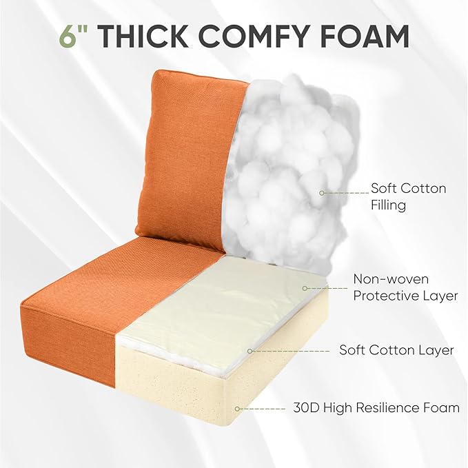 Outdoor Chair Cushion, 6 inch Thick Outdoor Cushions for Patio Furniture, 22x24 Waterproof Patio Chair Cushions, Include 1 Seat Cushion & 1 Back Pillow, Thick/Orange