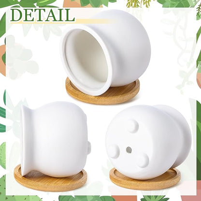 Remerry 6 Pcs 3.5 Inch Mini Succulent Pots with Bamboo Tray White Ceramic Pots Color Your Own DIY Small Planters Containers for Flower Cactus with Drainage Hole for Plant Lover