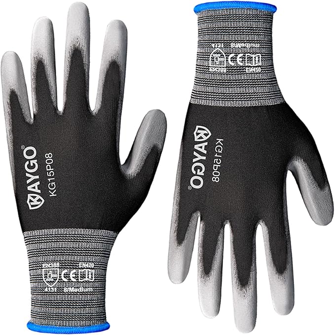 KAYGO Work Gloves PU Coated 12 Pairs, KG15P,Nylon Liner with Flexible Polyurethane Coating,Safety Work Gloves for DIY, Assembly, Warehouse, Light Duty Work (Medium, Black)