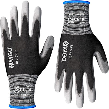 KAYGO Work Gloves PU Coated 12 Pairs, KG15P,Nylon Liner with Flexible Polyurethane Coating,Safety Work Gloves for DIY, Assembly, Warehouse, Light Duty Work (Medium, Black)