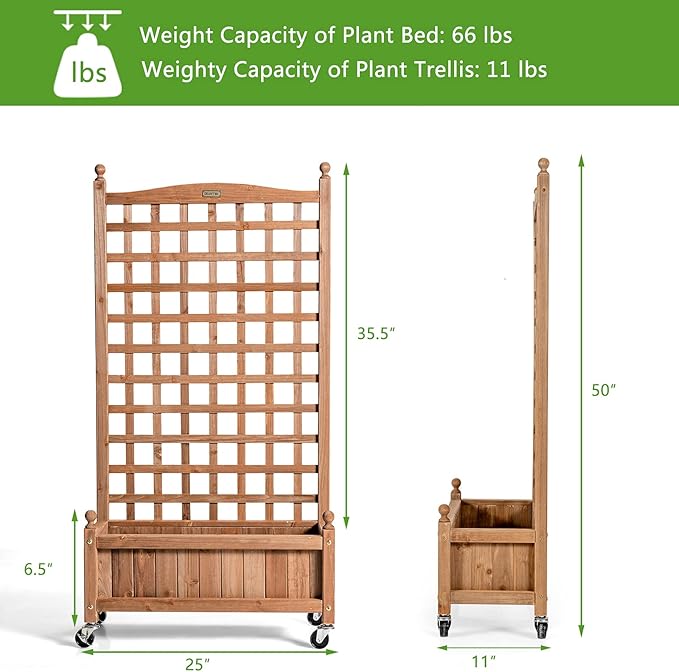 Giantex Mobile Plant Raised Bed, Wood Planter with Lattice Trellis and Wheels, Flower Box for Plant Climbing, Vertical Garden for Balcony Patio Yard, 25"x11"x 50"