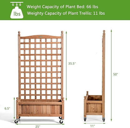 Giantex Mobile Plant Raised Bed, Wood Planter with Lattice Trellis and Wheels, Flower Box for Plant Climbing, Vertical Garden for Balcony Patio Yard, 25"x11"x 50"