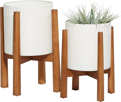 Deco 79 Metal Indoor Outdoor Planter Large Planter Pot with Removable Wood Stand, Set of 2 Planters 17", 15"H, White