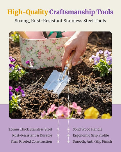 9-Piece Garden Tool Set, Heavy-Duty Rust-Resistant Stainless Steel Tools, Gardening Kit with Metal Garden Caddy, Ideal for Home Garden & Gifting (Pink)