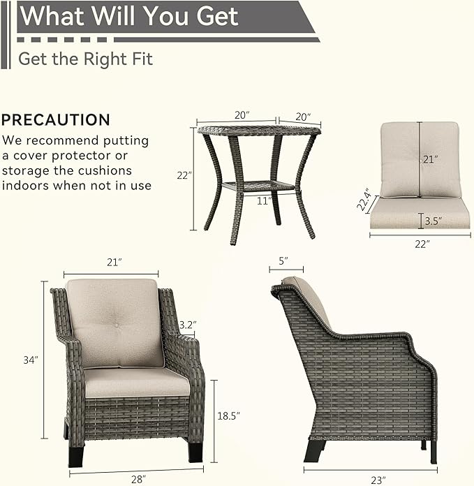 Patio Furniture Set 3 Pieces-Patio Chairs Set of 2 and A Side Table with Thick Cushions and All-Weather PE Wicker for Garden, Patio and Porch, Beige