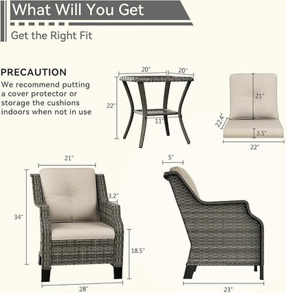 Patio Furniture Set 3 Pieces-Patio Chairs Set of 2 and A Side Table with Thick Cushions and All-Weather PE Wicker for Garden, Patio and Porch, Beige