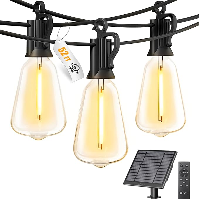 Brightown 52FT Solar String Lights Outdoor Waterproof with Remote, 15+1 LED Shatterproof Bulbs, Dimmable & Timable, 3 Light Modes - Commercial Grade Patio Lights for Garden Backyard Party Decor