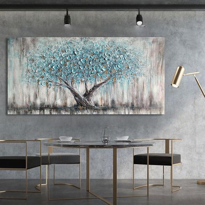 Arjun Tree Wall Art Canvas for Living Room Blue Tree of Life Nature Teal Abstract Textured Painting Picture Modern Panoramic Landscape Artwork Framed Bedroom Home Office Decor, Extra Large 58"x29"