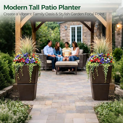T4U Tall Planter for Outdoor Plants, 24.8 Inch Outdoor Planters for Porch Set of 2, Large Planter for Indoor & Outdoor Plants with Wheels Drainage Plug, Front Porch, Patio, for Home Decor (Dark Brown)