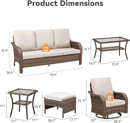 11 Pieces Patio Furniture Set, Outdoor Wicker Sofa with Swivel Patio Chairs, Ottomans, Coffee Table, All Weather High Back Rattan Loveseat Couch with Comfy Cushions, Brown/Beige