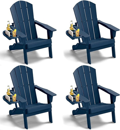 Adirondack Chair Set of 4, HDPE Folding Adirondack Chair with Multifunctional Cup Holder, Weather Resistant Fire Pit Chair for porches, patios, poolsides, Decks.