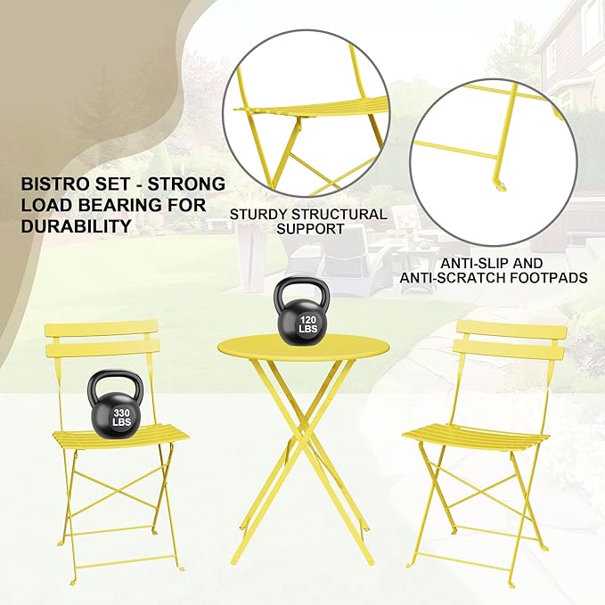 GarveeLife 3-Piece Folding Bistro Set, Foldable Patio Furniture Set with Premium Frame, Outdoor Bistro Table and Chairs Set of 2 for Patio, Garden and Balcony, Yellow
