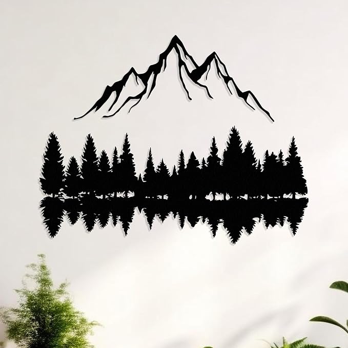 Mountain and Forest Lake Reflection Metal Wall Art, Nature-Inspired Silhouette Decor for Living Room, Bedroom or Office, Large Outdoor Wall Decor, Nature Christmas Décor (Black, 24x18 inches)