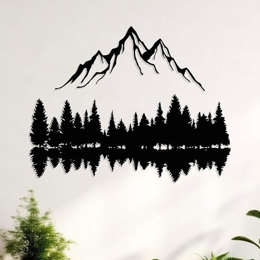 Mountain and Forest Lake Reflection Metal Wall Art, Nature-Inspired Silhouette Decor for Living Room, Bedroom or Office, Large Outdoor Wall Decor, Nature Christmas Décor (Black, 24x18 inches)