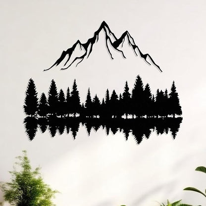 Mountain and Forest Lake Reflection Metal Wall Art, Nature-Inspired Silhouette Decor for Living Room, Bedroom or Office, Large Outdoor Wall Decor, Nature Christmas Décor (Black, 18x14 inches)