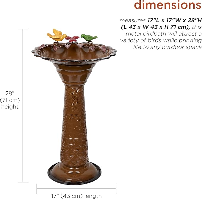 Alpine Corporation ORS112BR Vintage Outdoor Shallow Bowl Metal Pedestal Birdbath with Stand, 28" H, Brown