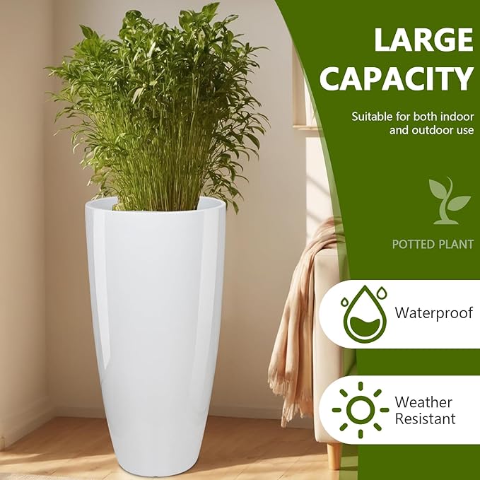 Set of 2 Large 21" Tall Planters for Indoor Outdoor, Heavy-Duty Resin with Drainage Holes & Unique Textured Design, Perfect for Porch, Patio, Backyard Home Decor, White