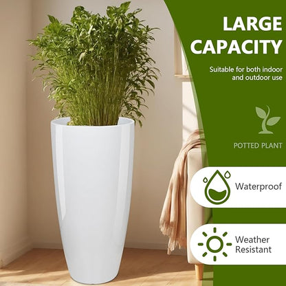Set of 2 Large 21" Tall Planters for Indoor Outdoor, Heavy-Duty Resin with Drainage Holes & Unique Textured Design, Perfect for Porch, Patio, Backyard Home Decor, White