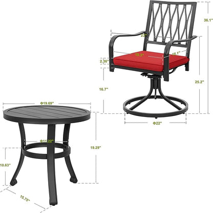 NUU GARDEN 3 Piece Outdoor Bistro Set, Iron Swivel Chairs with Red Cushions and 20" Round Bistro Table, Powder-Coated Iron Frame for Patio, Deck, Garden, Backyard, Black