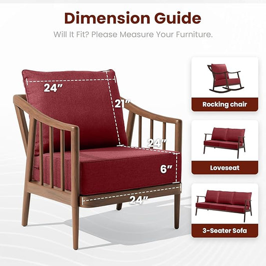 Outdoor Chair Cushions, 6 Inch Thick Patio Seat & Back Cushions Set with Removable Cover, Waterproof Patio Cushions for Outdoor Furniture, 24 x 24 Inch, Red 1-Set