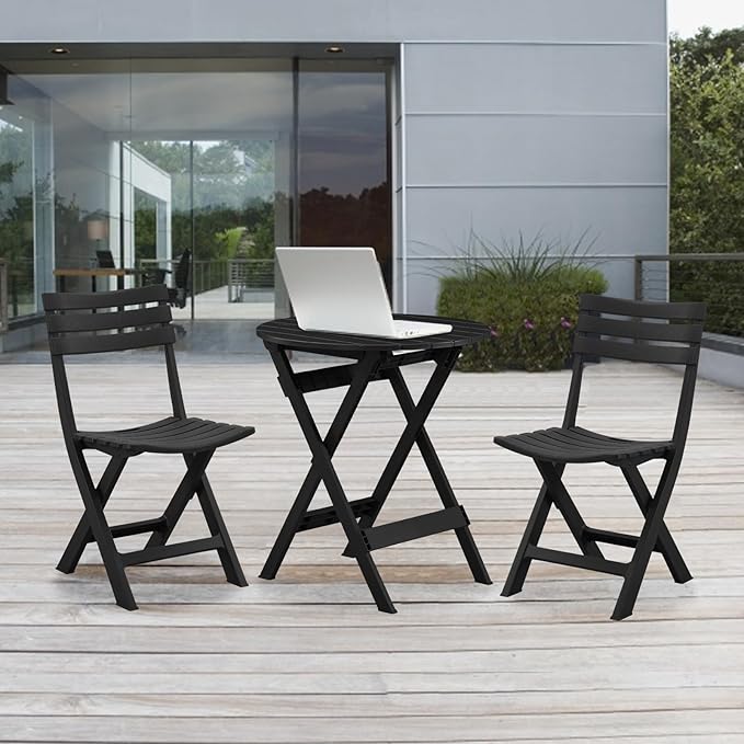 Patio Bistro Set, 3 Piece Plastic Folding Bistro Set, Portable Outdoor Patio Table and Chairs Set, Foldable Patio Furniture Set for Balcony, Porch, Backyard, Garden,Poolside (Black)