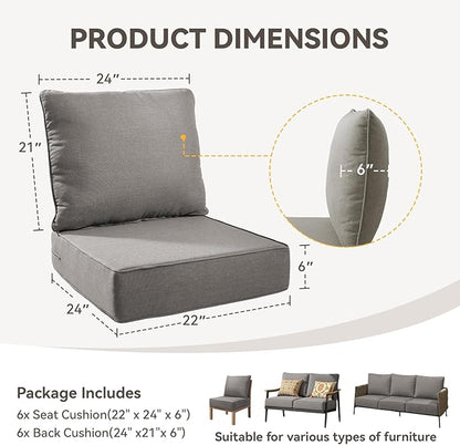 Outdoor Cushion Set for Furniture Patio Furniture, UV Resistant, Water Resistant - 6 Inch Thick Foam Garden Cushions– 22x24 Inch Patio Seat Covers for Chair/Sofa/Couch | Grey | 6-Pack |