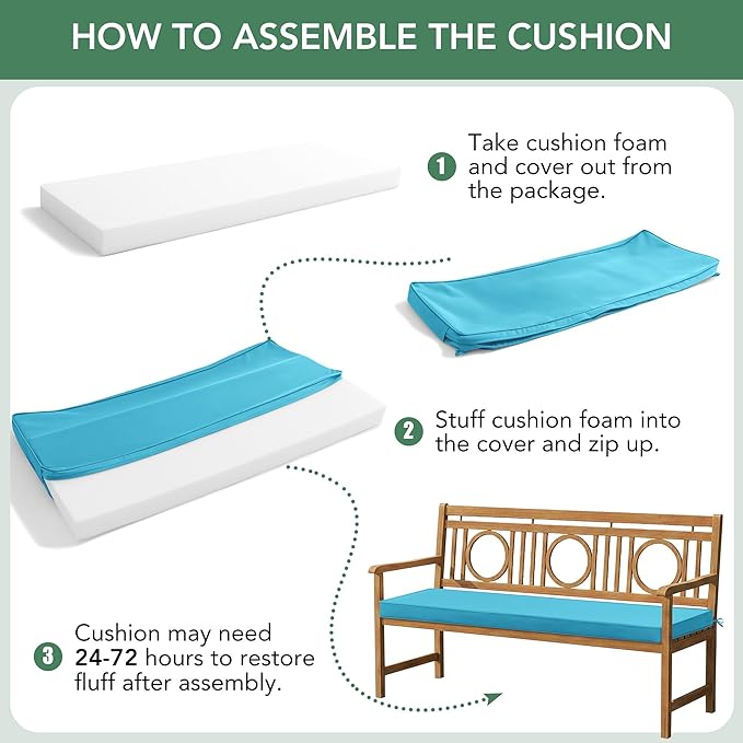 Summsun Outdoor Bench Cushion: Waterproof and Fade Resistant Patio Furniture Cushions - Non-Slip Bench Pad Cushion with Removable Cover for Garden Swing Porch Sofa Settee, 59 x 18 Inch, Teal