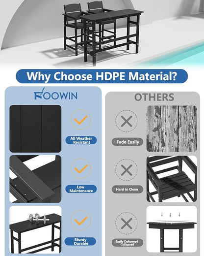 FOOWIN 3 Piece Outdoor Bar Height Table and Chairs, All Weather HDPE Patio Bar Set Outdoor Bistro Set,Adirondack Bar Chairs Set of 2 Outdoor Furniture for Bistro, Poolside, Backyard Black