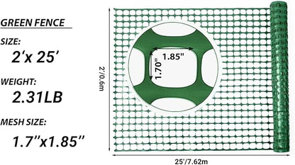PotatoLife Plastic Mesh Fence Safety Fence, 2'x25' Roll with 50 Zip Ties, Resuable Temporary Netting for Garden Fencing, Construction, Snow Fencing, Animal Barrier, Poultry, Deer, Patio, Green