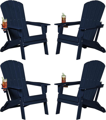 Plawdlik Folding Adirondack Chair, SGS Tested, Wooden Textured with Cup Holder, Heavy All-Weather HDPE Comfortable Set Poolside Backyard Lawn Navy Blue Set 4