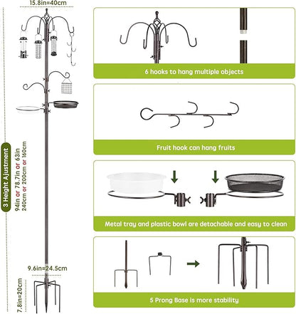 Bird Feeder Station with Suet Cage & Water Bowl Fruit Hook- Adjustable Pole, 6 Hanging Hooks for Wild Birds, Outdoor Garden Bird Feeding Kit