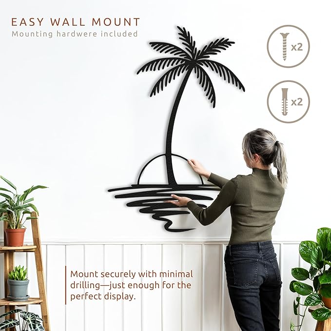 Metal Palm Tree with Sunset Wall Art, Large Outdoor Wall Decor, Tropical Beach Decor for Living Room, Bedroom, Garden Home Wall Sign, Perfect Metal Wall Art for Beach House (Black, 48 x 40 inches)