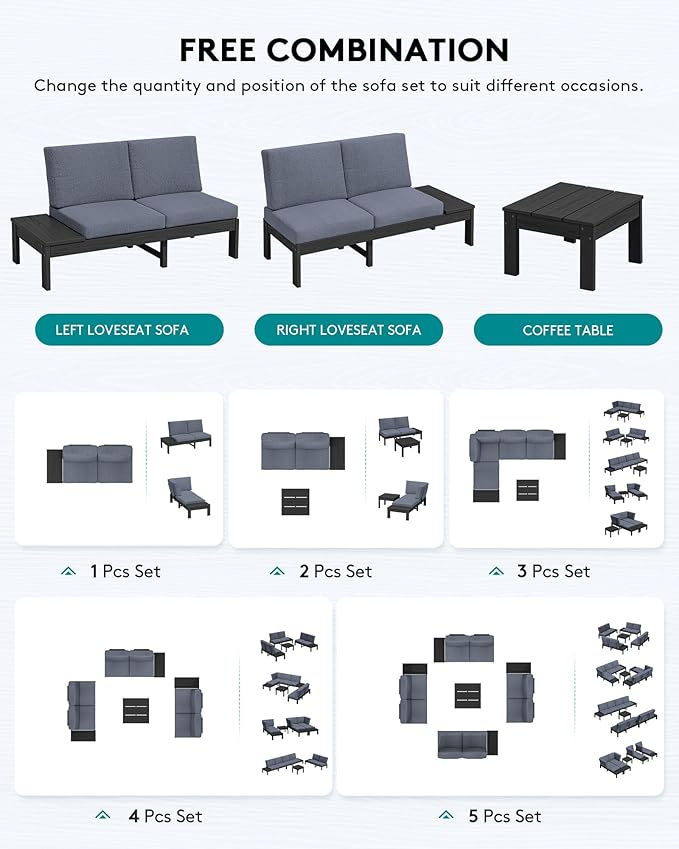 SERWALL HDPE Patio Furniture Set with 15FT Double Side Patio Umbrella, Outdoor Sofa Set, Seats 4, Modular Sectional Couch for Patio, Garden, Backyard, Black Frame with Grey Cushion