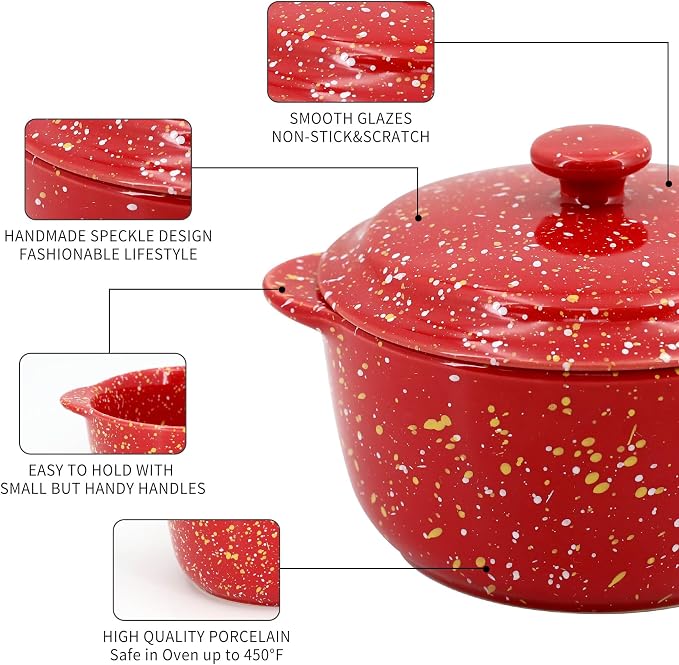 4-Pack 10 Oz Ceramic Mini Cocotte Set with Lids & Handles, Oven-Safe Stoneware Ramekins for Soufflé, Soup, Cobbler, Individual Baking & Serving,Red