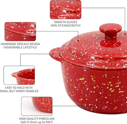 4-Pack 10 Oz Ceramic Mini Cocotte Set with Lids & Handles, Oven-Safe Stoneware Ramekins for Soufflé, Soup, Cobbler, Individual Baking & Serving,Red